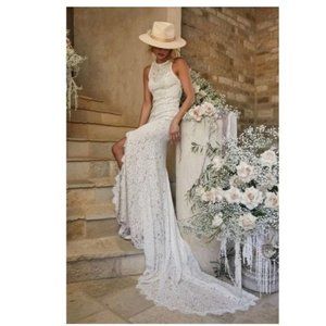 Whimsical Boho Wedding Gown Dress White Floral Lace Maxi Bride Love Everlasting